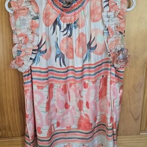 Entro Coral and Blue Ruffle Blouse